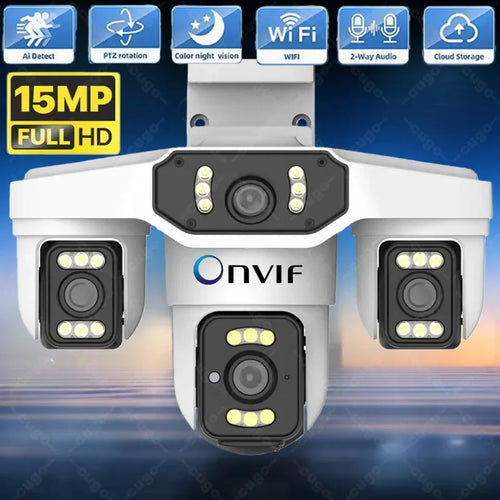 Outdoor WiFi security camera with four lenses and built-in LED night lights