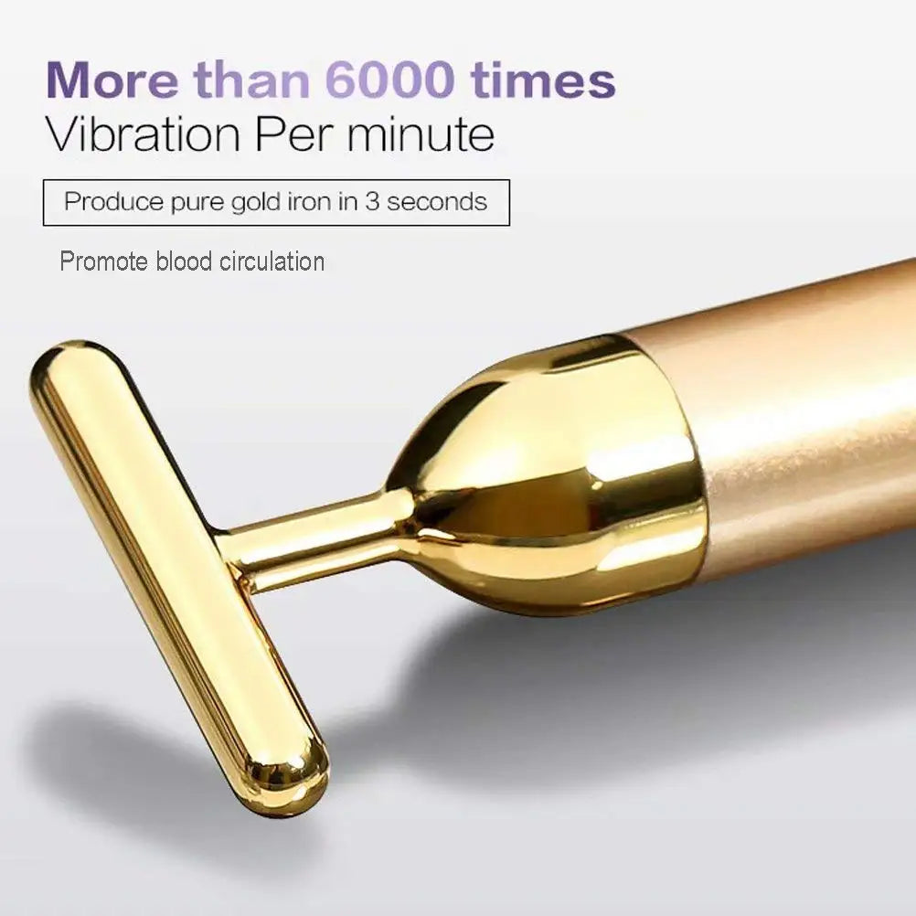 A gold-toned T-shaped electric vibrating facial massage bar against a light background with text overlays.