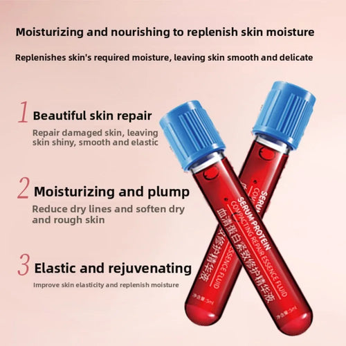 Two red facial serum vials with blue caps, angled product view