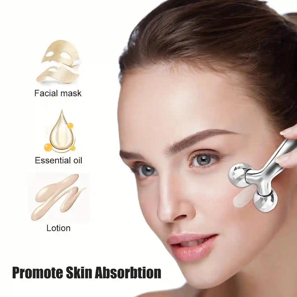 A woman uses a silver Y-shaped 3D roller massager on her face, alongside icons for a facial mask, oil, and lotion.