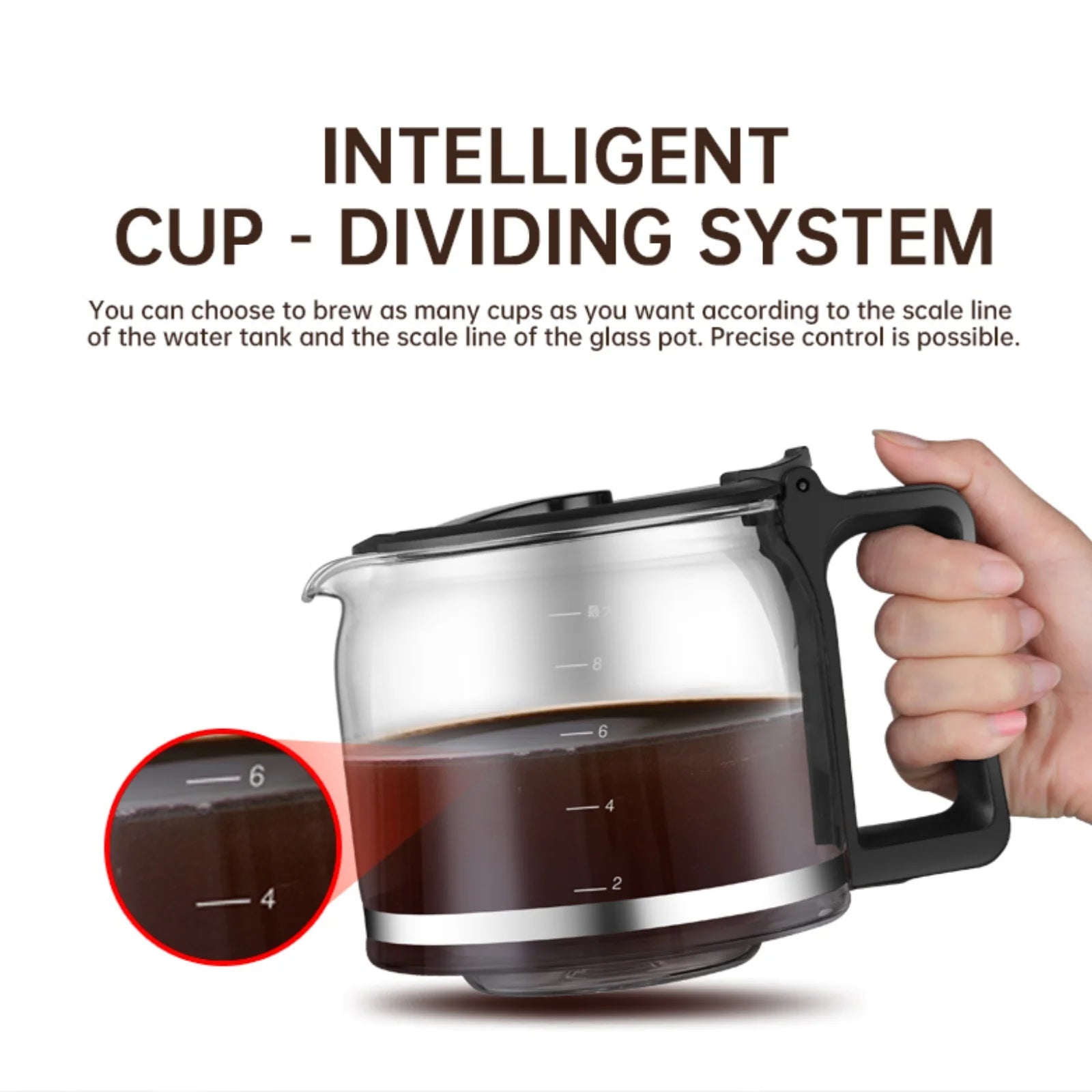 Replacement glass coffee pot with black handle and measurement markings for precise 2-8 cup brewing capacity.