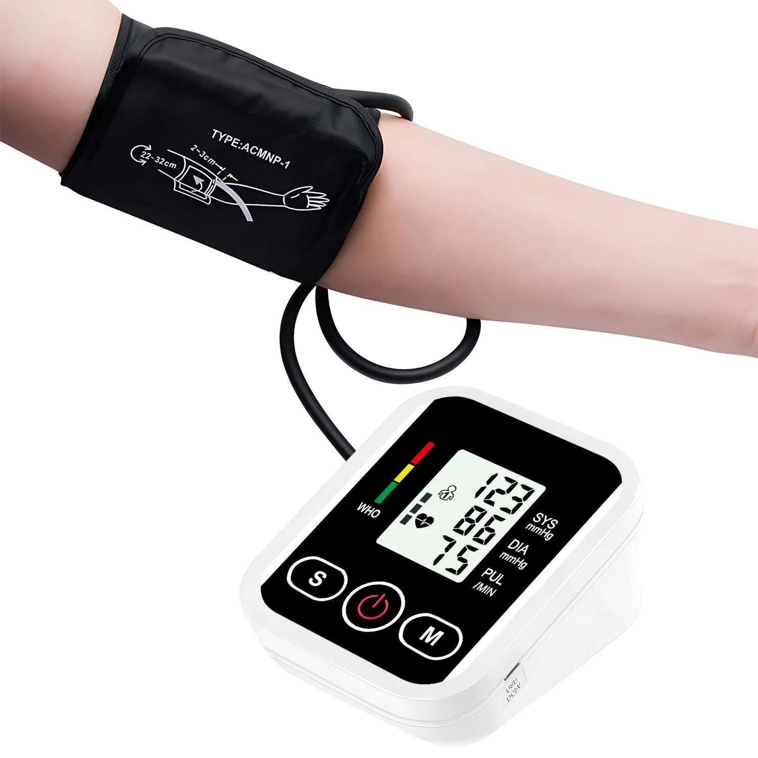 Arm Blood Pressure Monitor LCD Pressure Sensor Monitor BP Automatic Tonometer Digital Tensiometer LED Display Cuff Heart