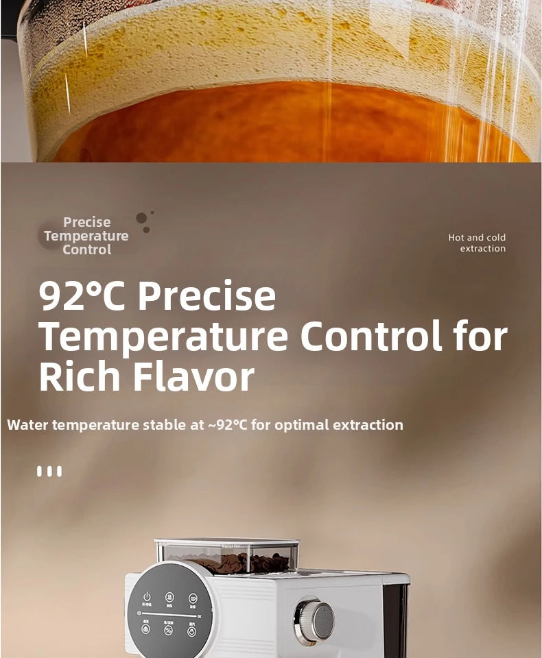 White automatic coffee maker with bean hopper and digital temperature control for precise 92°C hot and cold extraction.