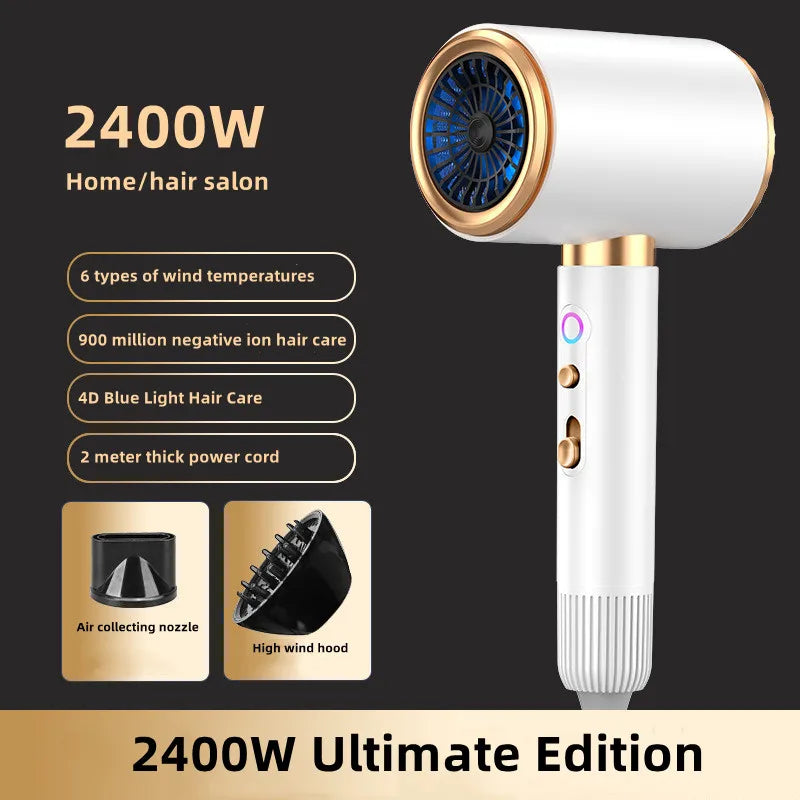 2400W professional hair dryer in white and gold with negative ion, blue light, nozzle, and diffuser attachments.