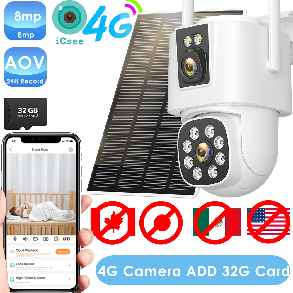 White 4G solar PTZ security camera with 32GB memory card