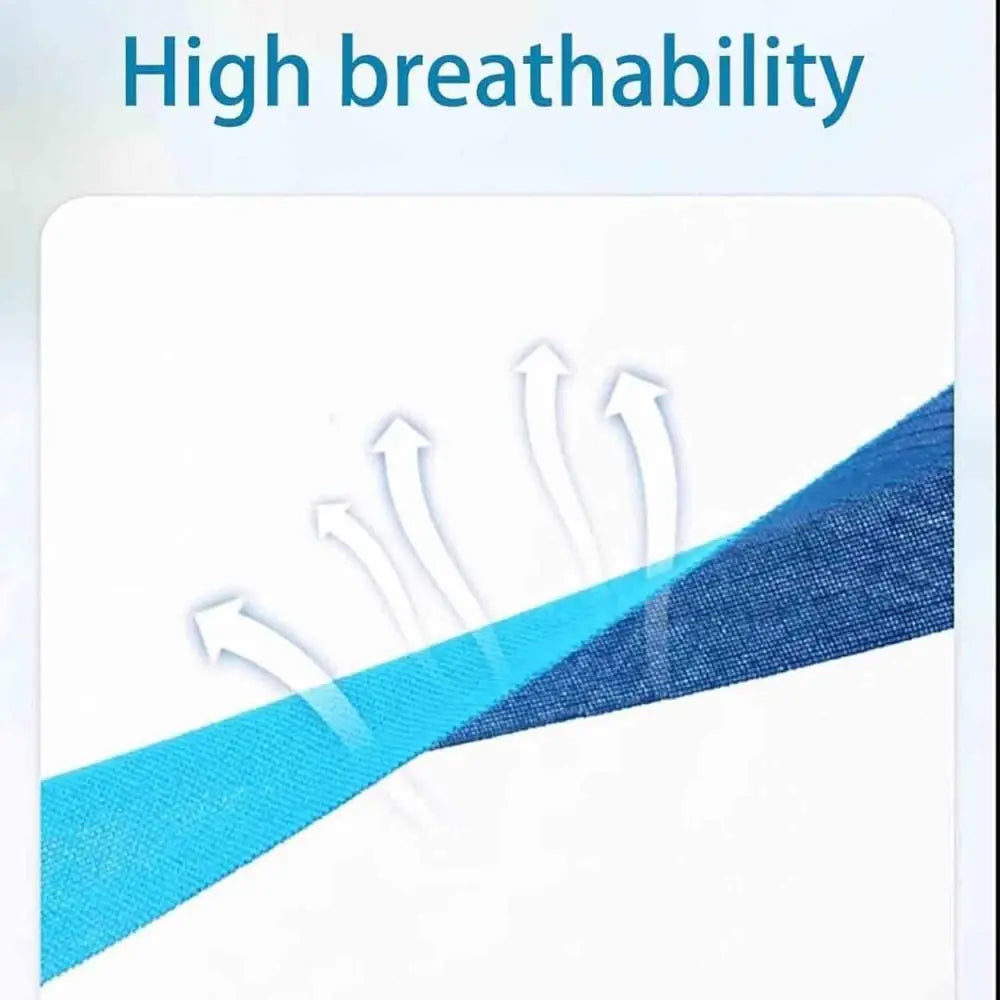 Close-up of bright blue, textured fabric face tape with white arrow icons indicating airflow and breathability.