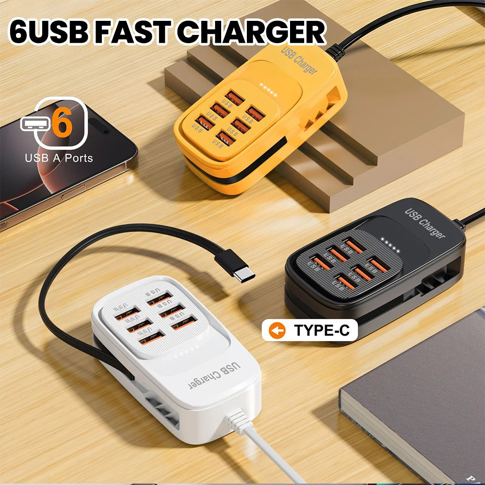 EU/US/UK 6-Ports USB Charging Extension Socket with Type-C Cable 3USB 3PD Power Strip Desktop Charging Station HUB Adapter 5V2A