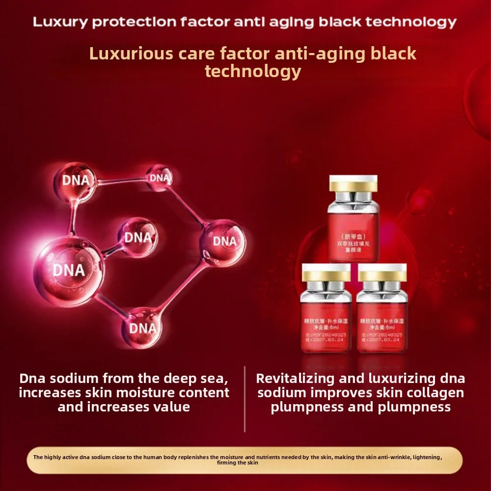 Double Serum Filler anti-aging DNA sodium serum vials. Moisturizing, wrinkle-reducing skincare in glass bottles.