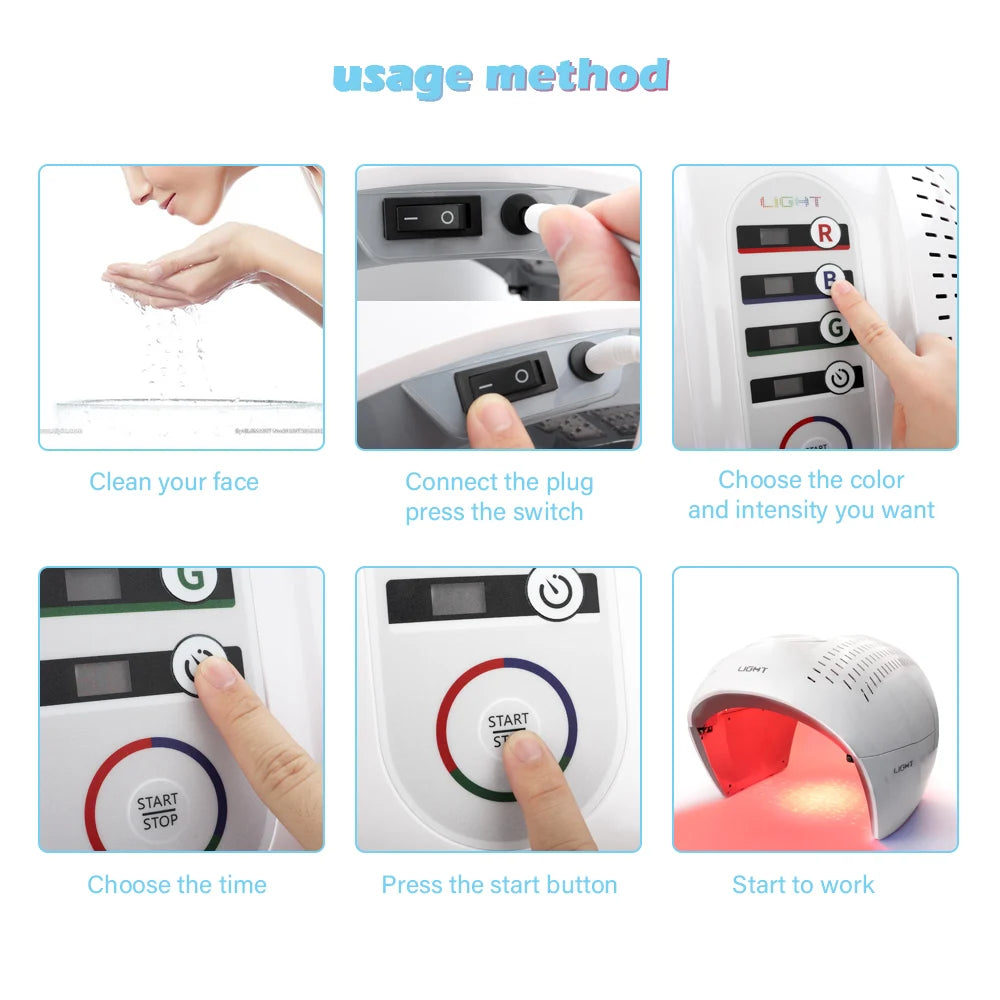 LED light therapy device with white arched hood showing steps to clean face, plug in, select color, time, and start.