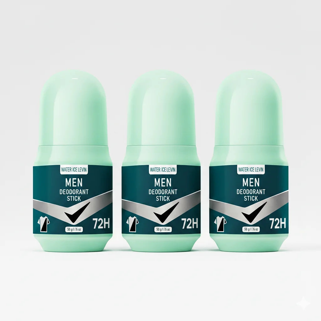 Three mint green Water Ice Levin men's deodorant sticks with 72H odor protection and anti-stain labels on white.