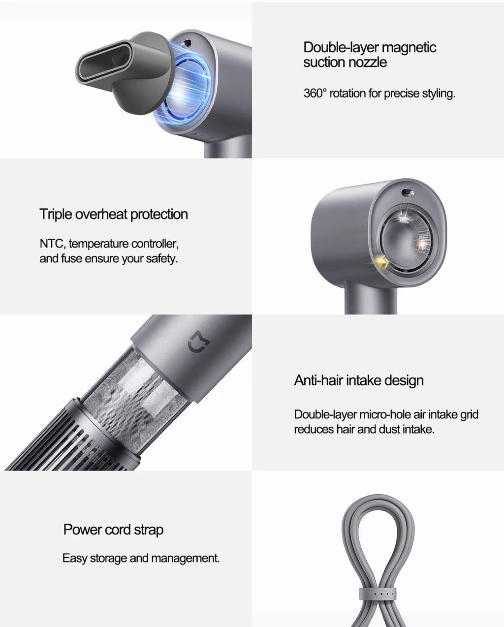 Grey MIJIA H701 high-speed hair dryer features: magnetic nozzle, heat protection, anti-hair intake, and cord strap.