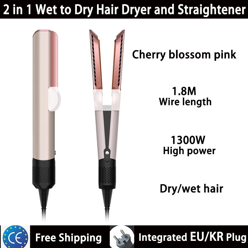 Cherry blossom pink 2-in-1 hair dryer and straightener with 1300W power for wet or dry hair styling at home.