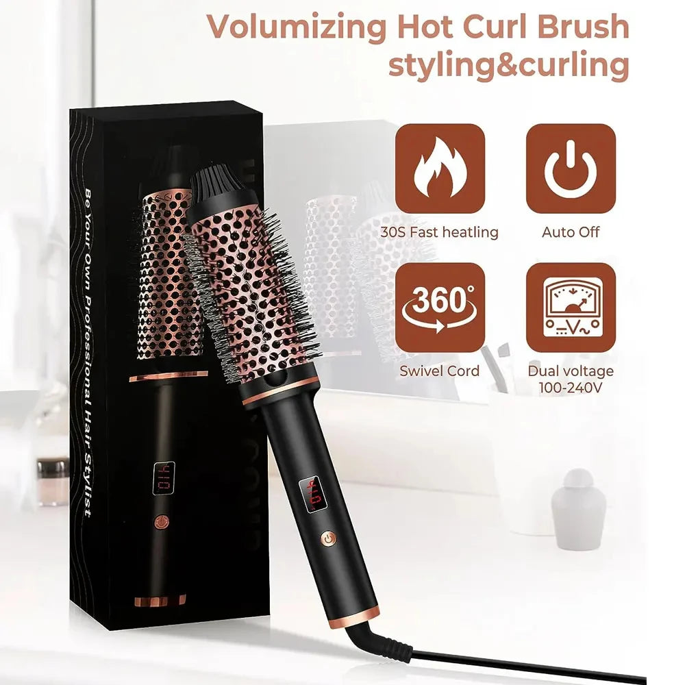 TINSOL 3-in-1 rose gold ionic hot hair brush styler with digital display, swivel cord, and fast-heating technology.