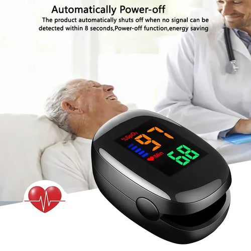 Black digital fingertip pulse oximeter with a bright LED display showing oxygen saturation and heart rate levels.