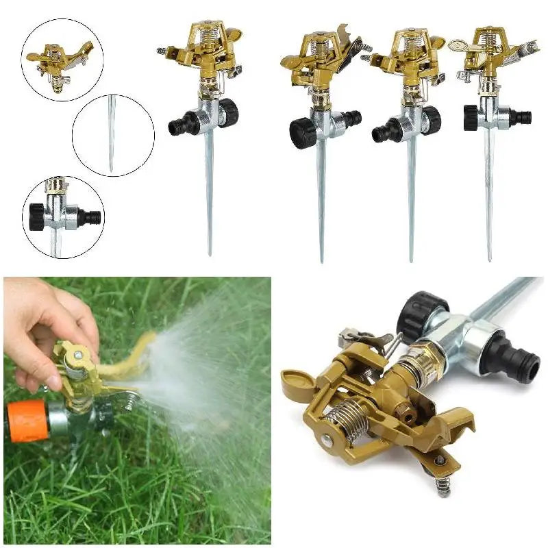 Garden sprinkler 2-pack shown with spray icons, close-ups, and watering on lawn
