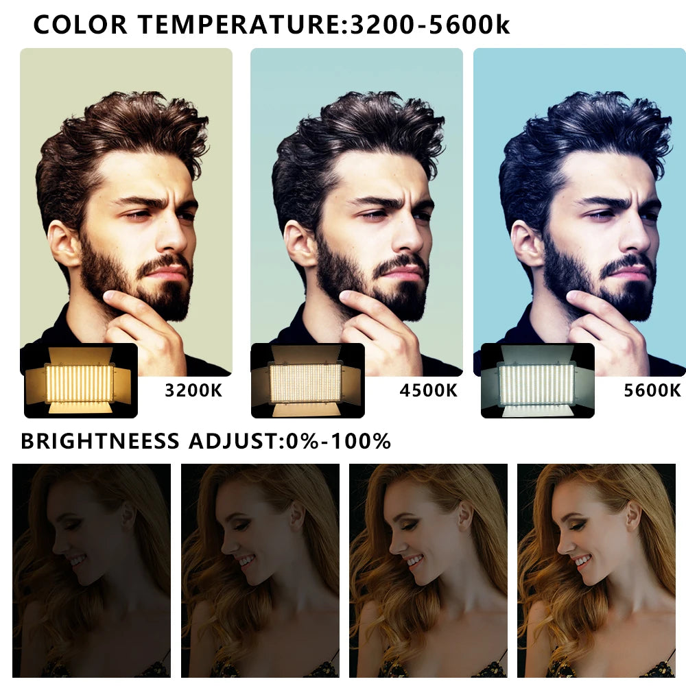 LED panel light showing adjustable color temperatures from 3200K to 5600K and brightness settings from 0% to 100%.