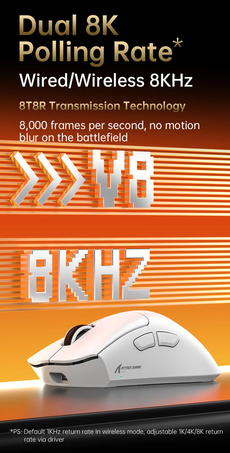 8K Receiver & V8 Wireless Mouse,Attack Shark PAW3950Max Sensor,0.168ms Key Delay and Golden Right Hand Design,Black/White Choice