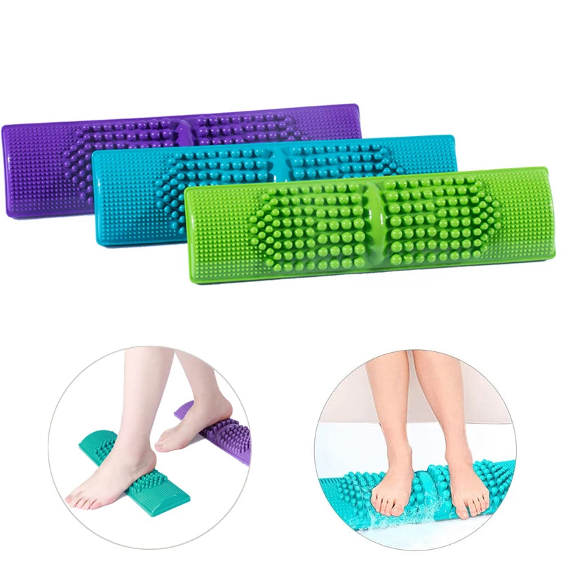 Portable plastic foot massage mats in purple, blue, green for reflexology, acupressure, and pain relief therapy.