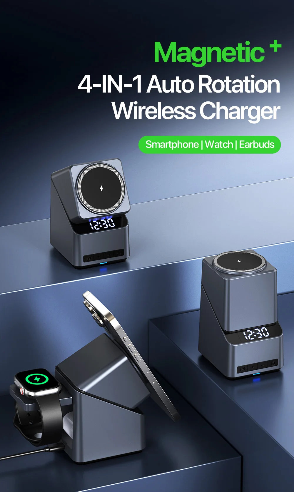4 in 1 Magnetic Wireless Charger - Qi Certified Fast Charging Station Tidesmit