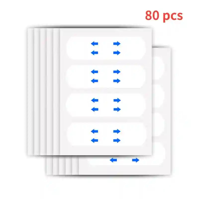 Sheets of transparent, oval-shaped adhesive face-lifting patches with blue arrow indicators.