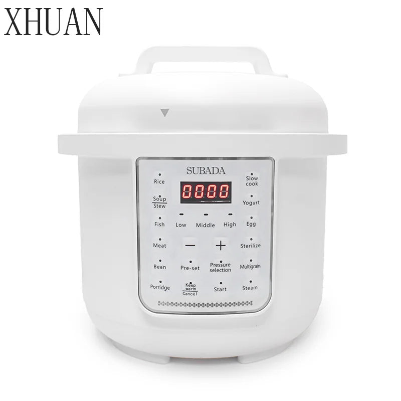 6L white electric pressure cooker with digital display, control buttons, and top lid handle