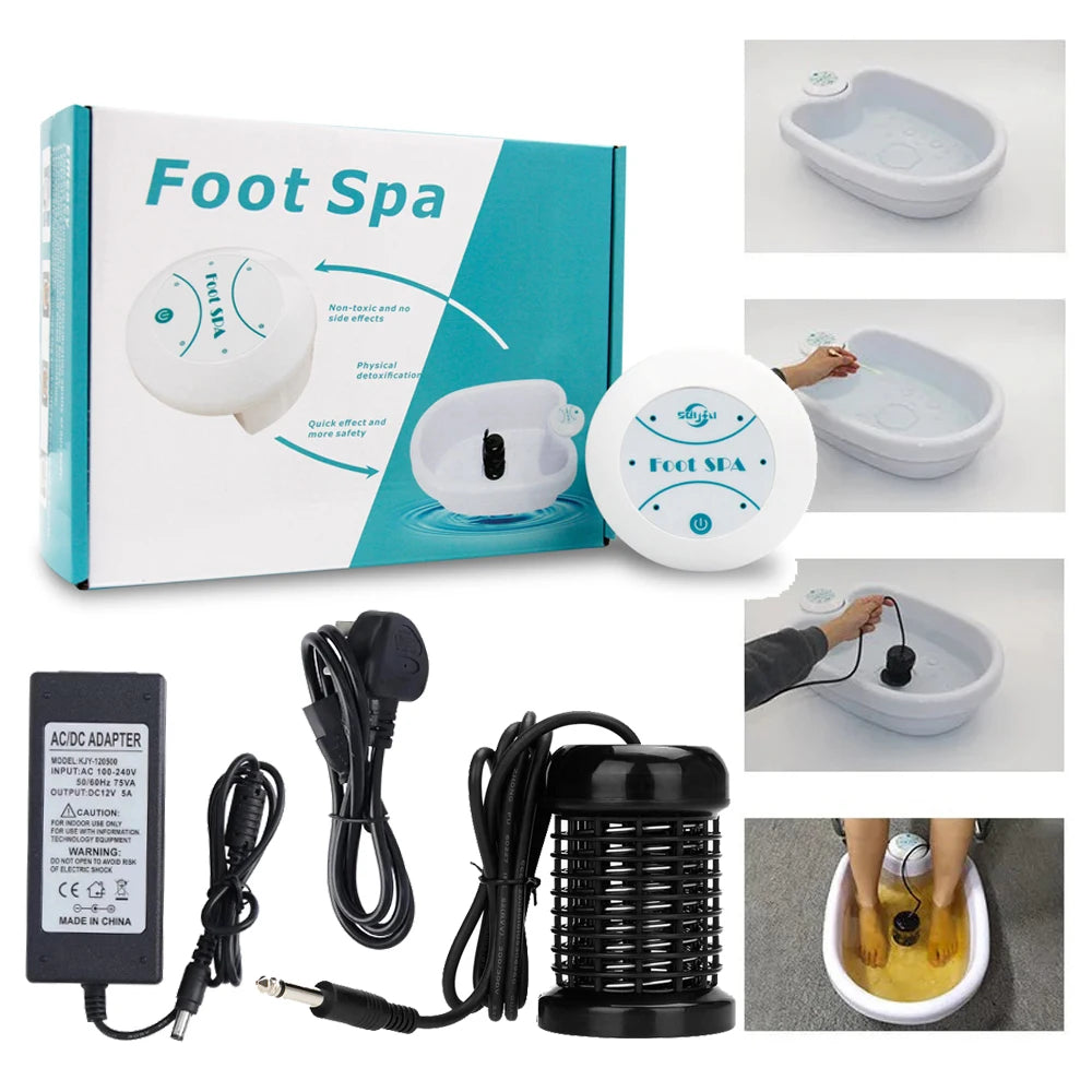 Ionic detox foot spa bath machine set with white basin, control unit, and black ion array for home relaxation.