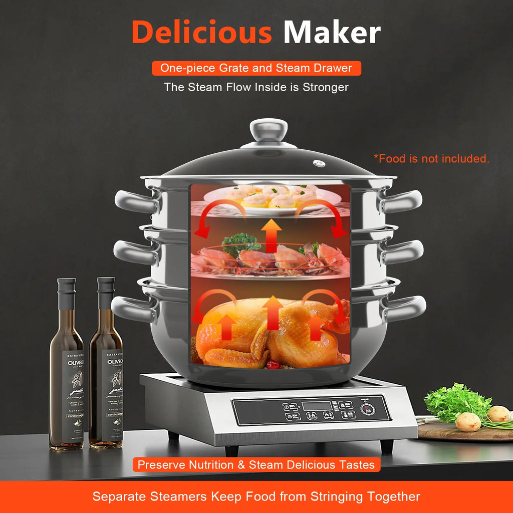 Stainless steel 3-tier steam cooker with stacked grate inserts and side handles