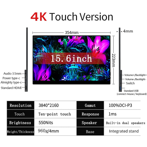 15.6 / 13 Inch 4K OLED Touch Screen Portable Monitor 550Nit USB-C HDMI-Compatible External Gaming Monitor for Xbox Switch Laptop