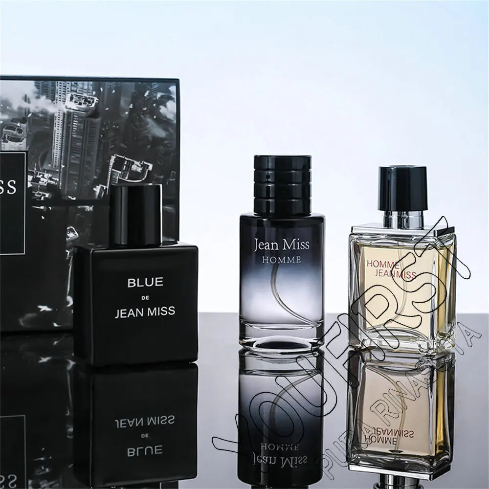 Jean Miss Homme 3-piece men's perfume gift set with black and glass square cologne bottles for long-lasting fragrance.