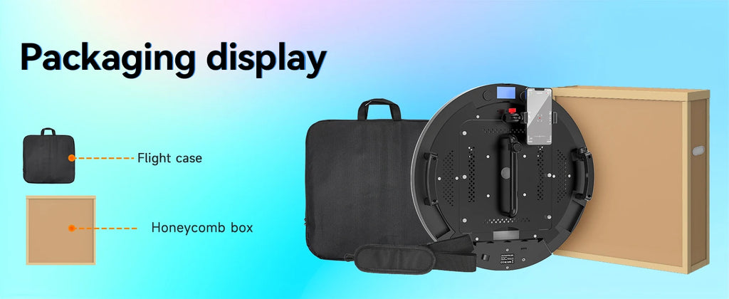 Circular light panel with phone mount, shown with a black carrying bag, shoulder strap, and rectangular cardboard box.