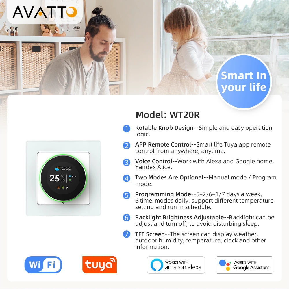 AVATTO WiFi Smart Knob Thermostat，Electric Floor Heating Water/Gas Boiler Temperature Controller Support Tuya Google Home,Alexa