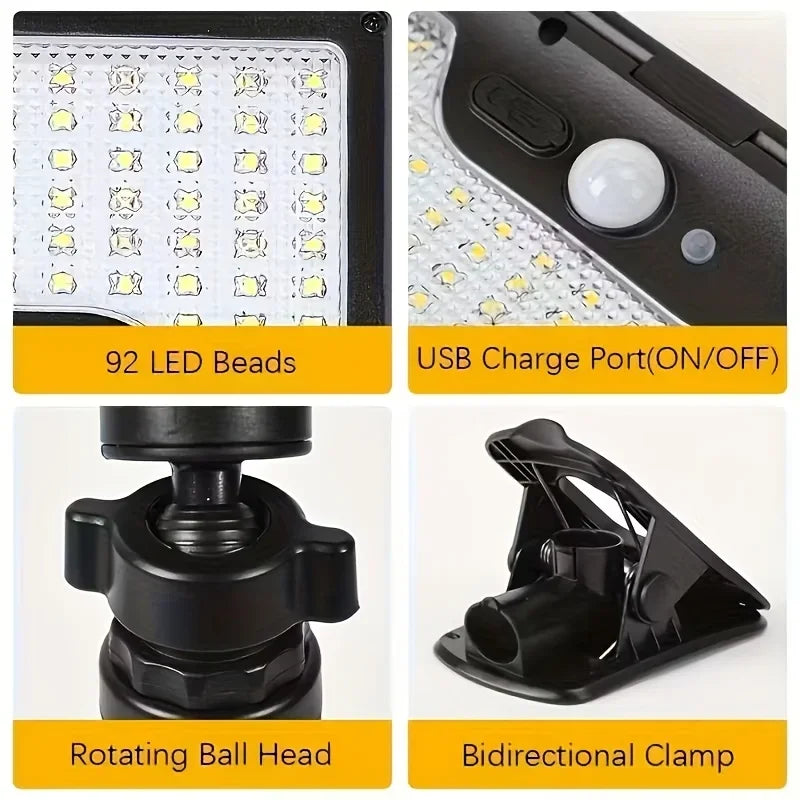 2-Pack Clip-On 60LED Solar Lights, 2 Adjustable Installation Modes, Solar Powered No Wiring Needed, 1500Mah Battery, Motion Sensor Auto On, for Yard, Fence, Balcony, Railing & Garage Lighting, Perfect Gift for Housewarming &