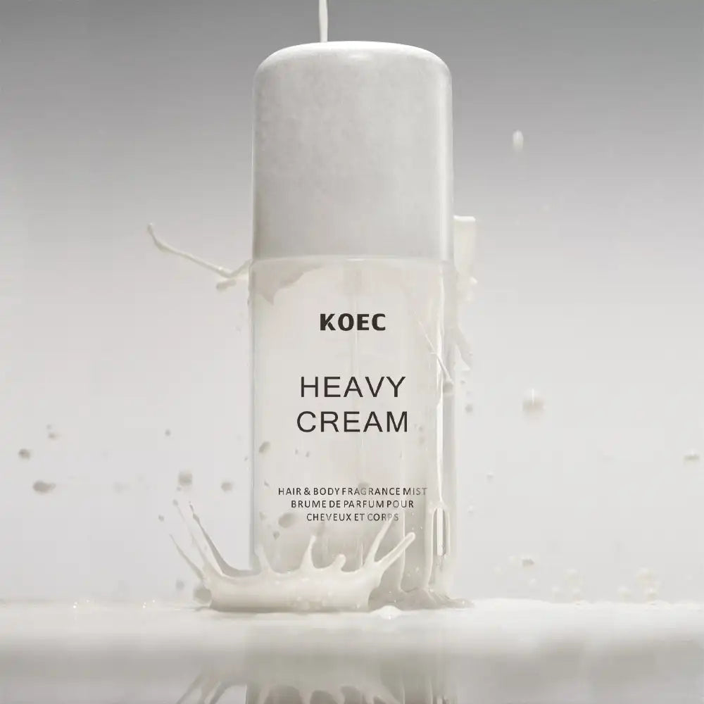 KOEC Heavy Cream 50ml hair & body fragrance mist in cylindrical bottle. Jasmine, vanilla, lemon scent. Moisturizing.