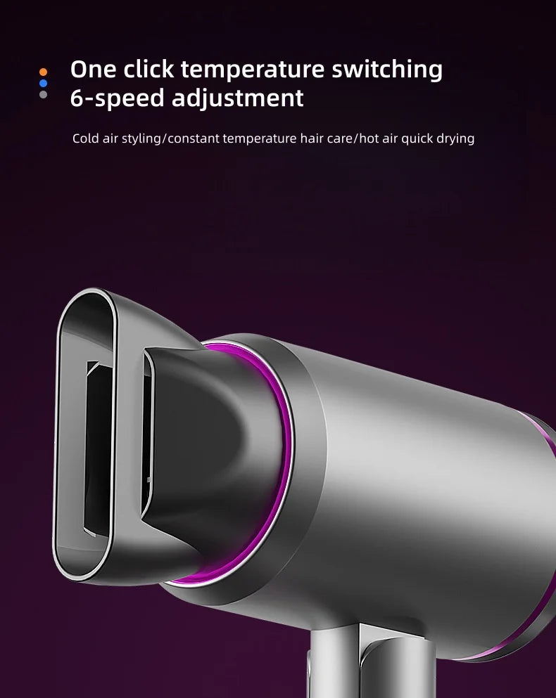 Silver 2400W foldable hair dryer with concentrator nozzle, 6-speed settings, and cold-hot air temperature control.