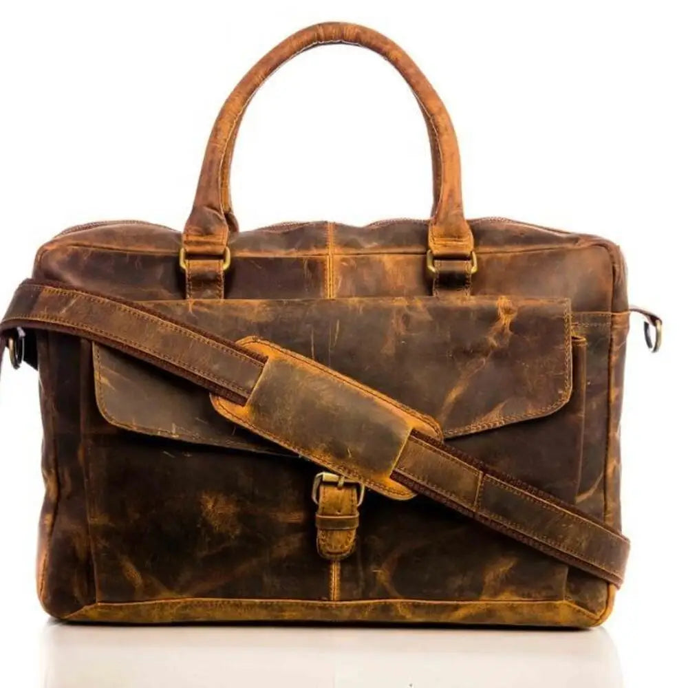 Distressed brown PU leather travel duffle bag, crossbody style with buckle flap, top handles, and shoe compartment.
