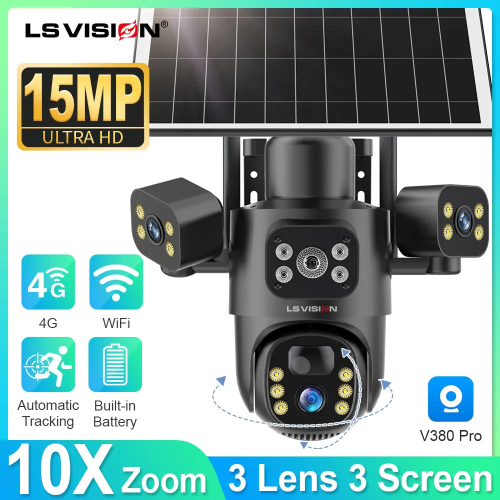 LS VISION 4G / WiFi Solar Camera 3Lenses Outdoor 15MP 4K Low Power Battery IP Camera PIR Night Vision V380 Pro CCTV Security