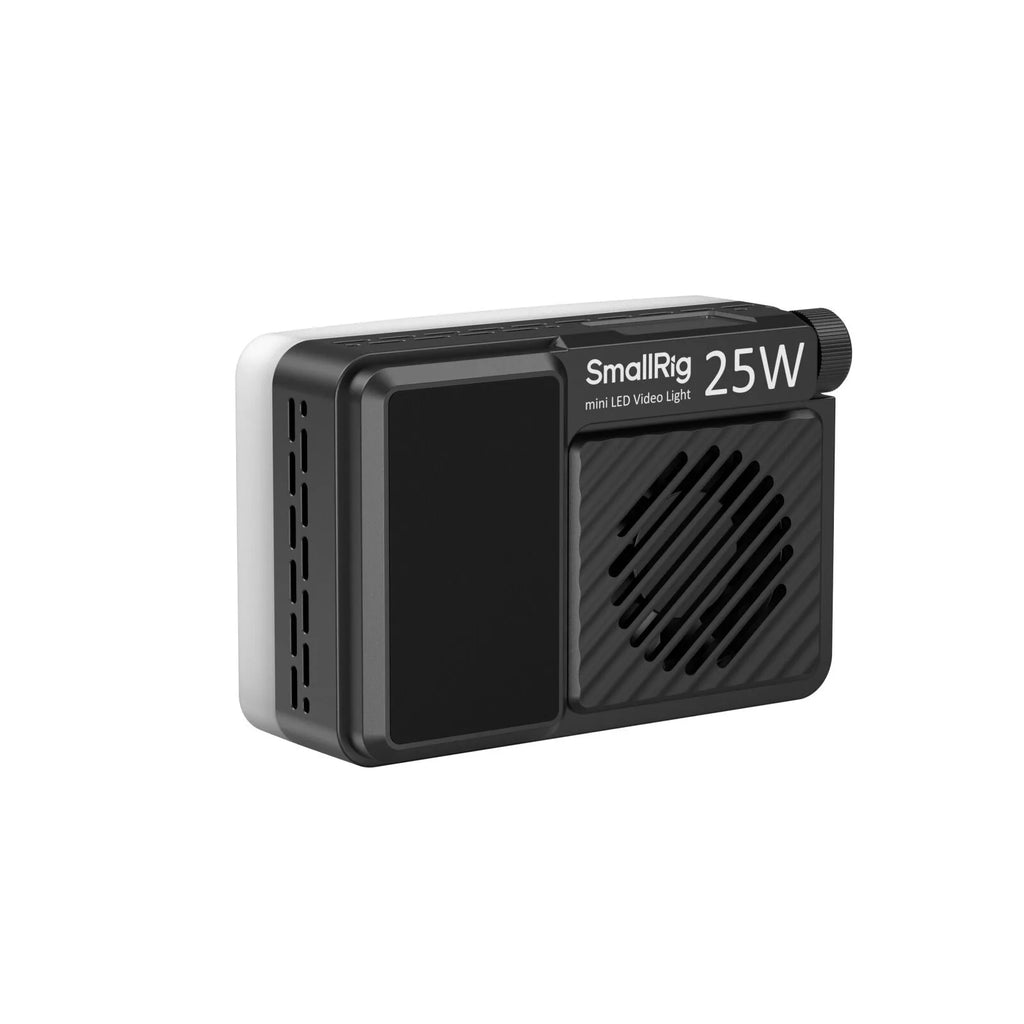 Black, rectangular 25W mini LED video light with a white diffuser panel and side ventilation grille for photography.