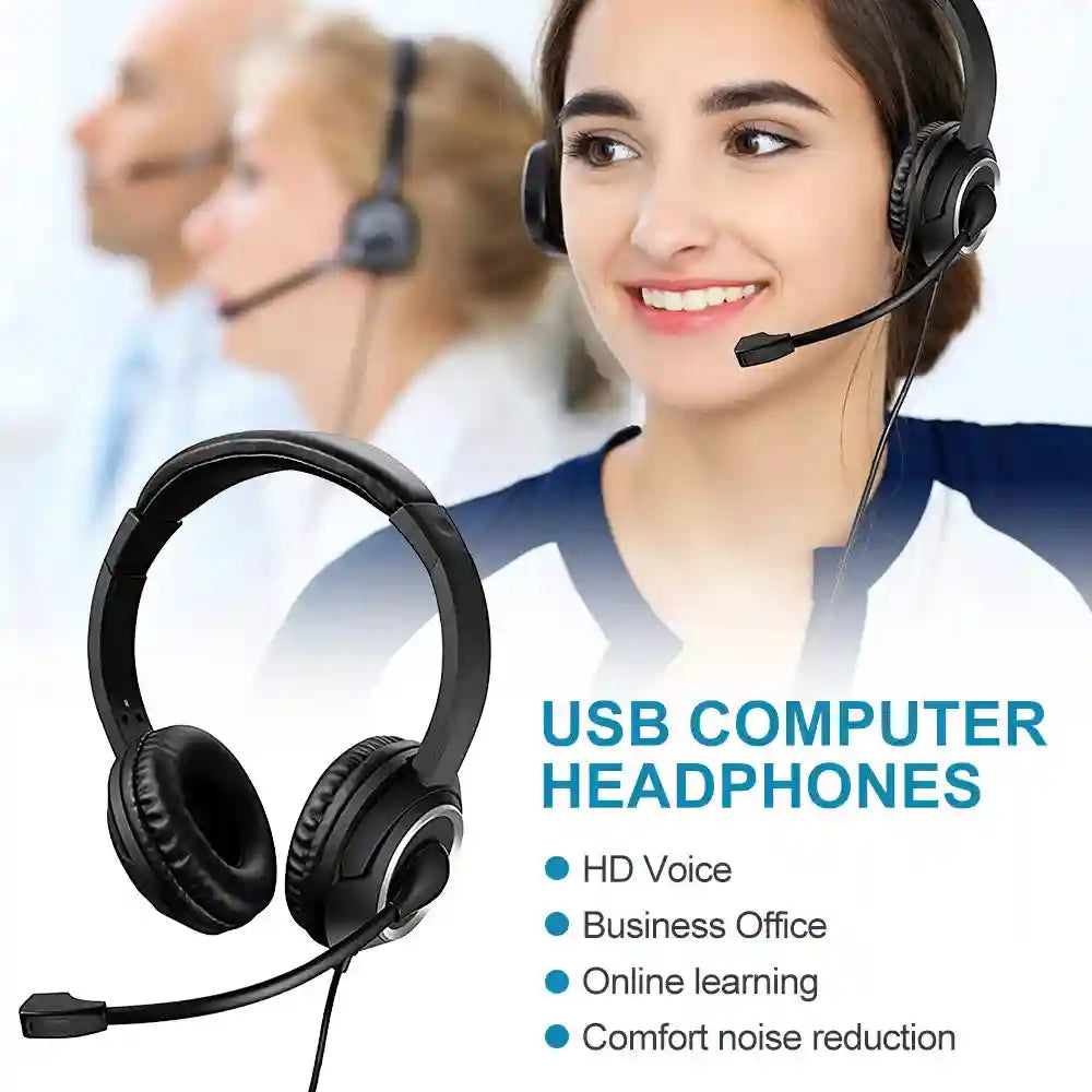 USB Wired Headset with Noise Cancelling Mic for PC Laptop - Black Tidesmit