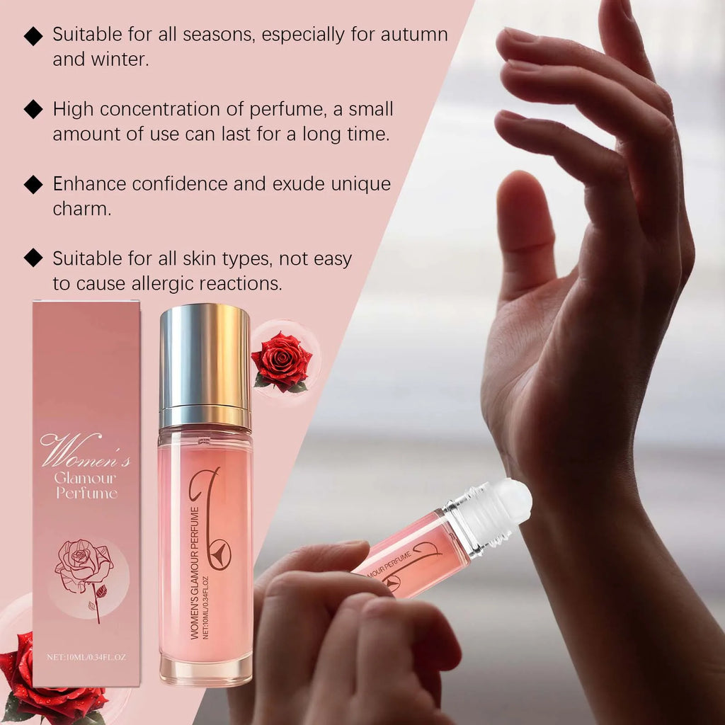 Women's Glamour Pheromone perfume roll-on in a slim pink bottle. Long-lasting floral rose scent for women, 10ml spray.