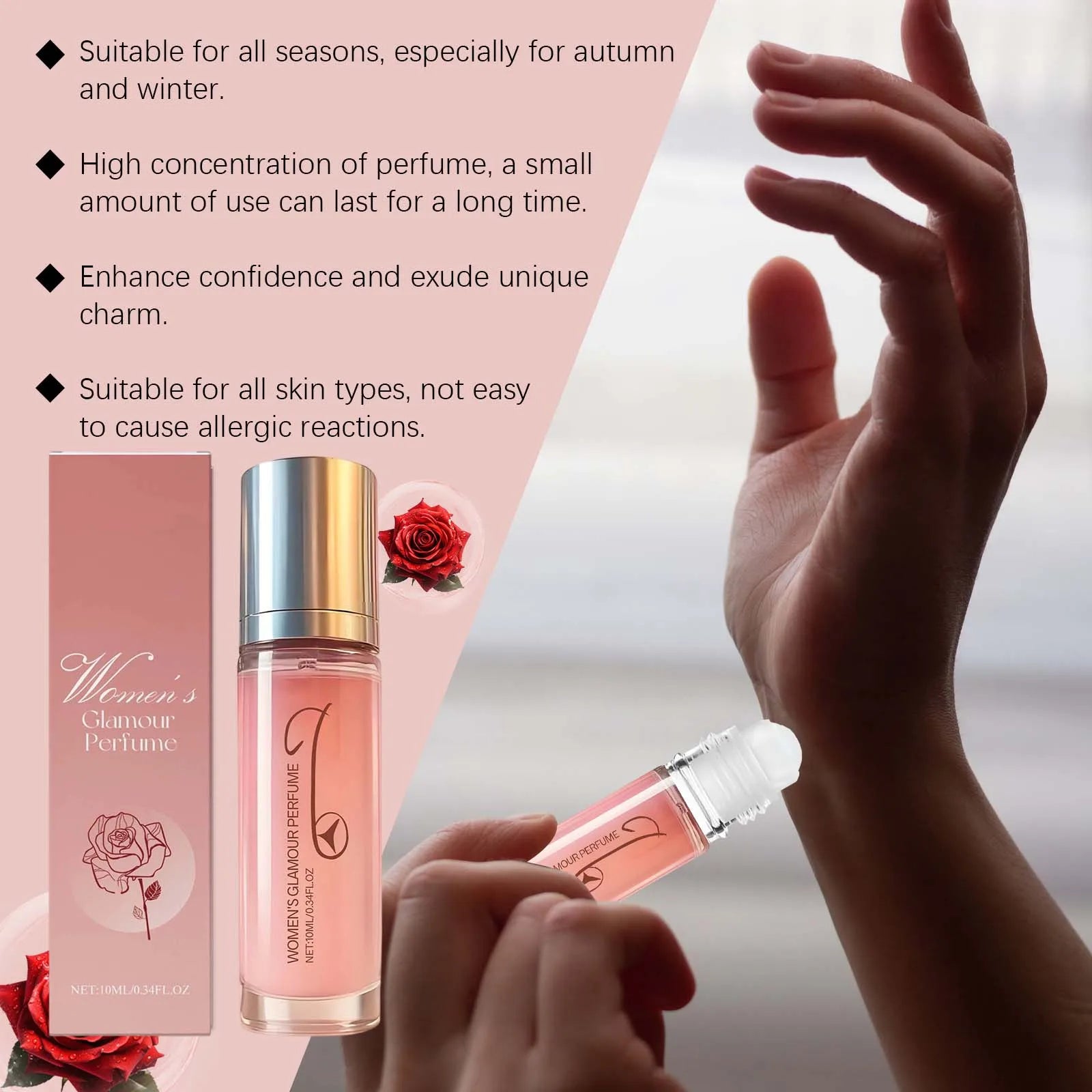 Women's Glamour Pheromone perfume roll-on in a slim pink bottle. Long-lasting floral rose scent for women, 10ml spray.