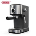 HiBREW espresso coffee machine in matte black and silver stainless steel with pressure gauge and steam wand.