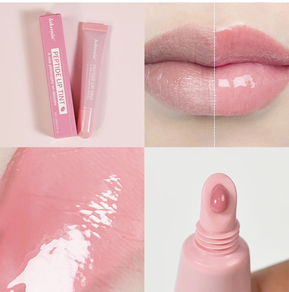 Hydrating peptide lip gloss with high-shine, plumping glass finish in a natural nude pink tint. Moisturizing lip makeup.