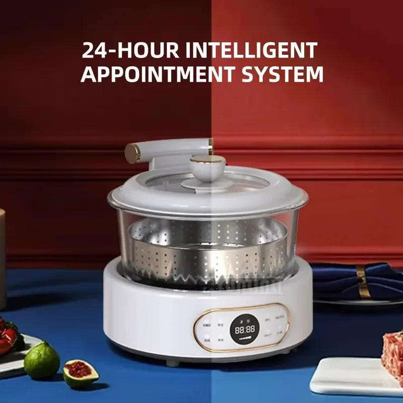 White countertop multi-cooker with perforated stainless basket and digital timer display