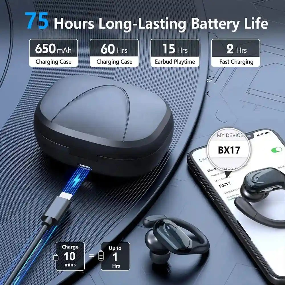 Wireless Sport Earbuds with Active Noise Cancellation - 75H Battery Black Tidesmit