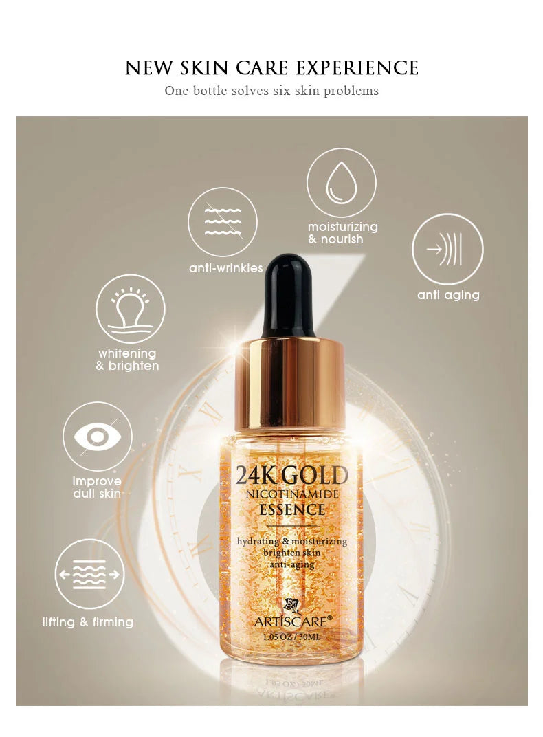 ARTISCARE 24K Gold Nicotinamide Essence serum in a dropper glass bottle for anti-aging, moisturizing, and skin care.