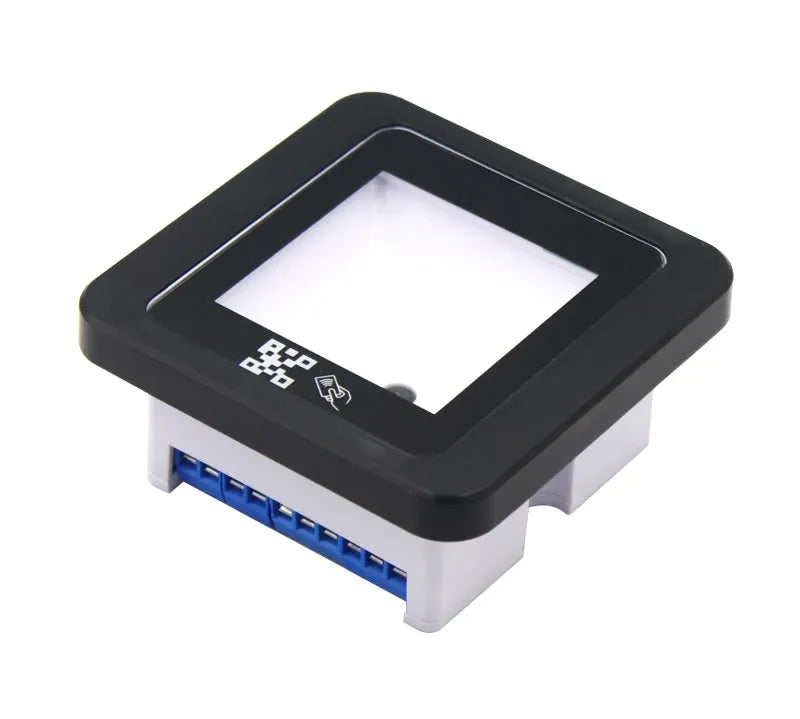 Black QR code reader base with front window and blue terminal connector