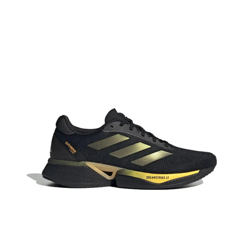 Men’s Adidas Supernova Eterno sneakers in black mesh with metallic gold stripes and Dreamstrike LT yellow midsole.