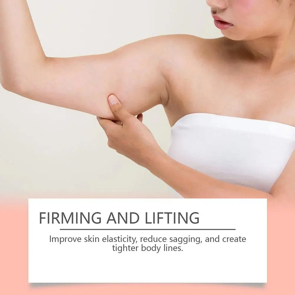 A woman pinches the skin on her upper arm, with text below reading: "Firming and Lifting: Improve skin elasticity."