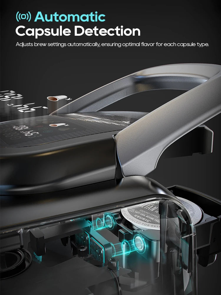 Close-up of a black Keurig coffee maker highlighting automatic capsule detection technology and digital brew display.