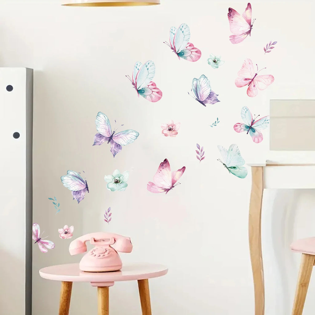 Watercolor butterfly and flower wall stickers in pastel colors on a wall